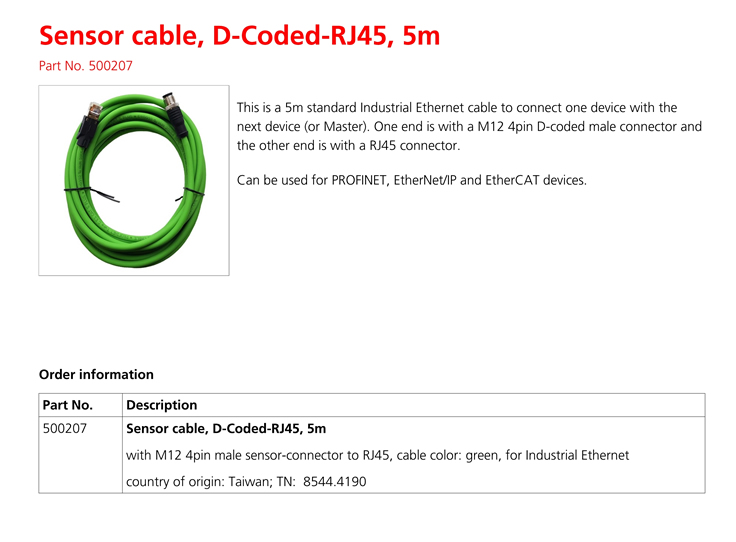 500207 傳感器電纜，D編碼RJ45，5米(圖1)