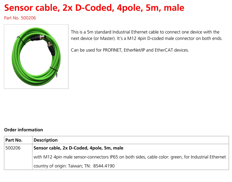 500206 傳感器電纜，2x D編碼，4極，5米，公頭(圖1)