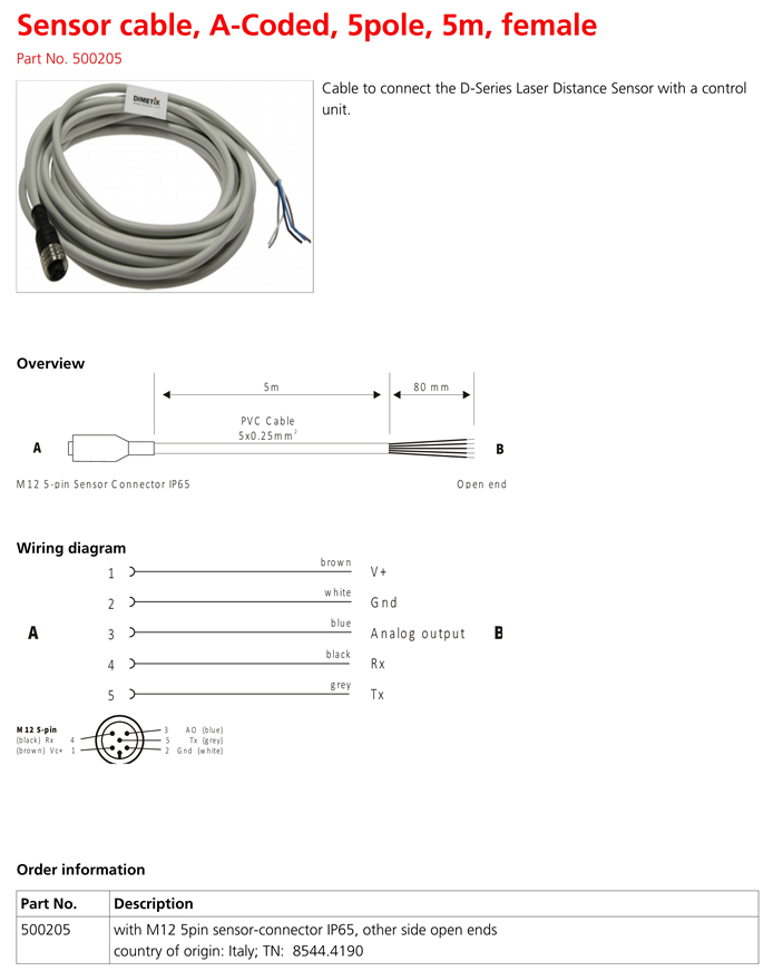 500205 傳感器電纜，A編碼，5極，5米，母頭(圖1)